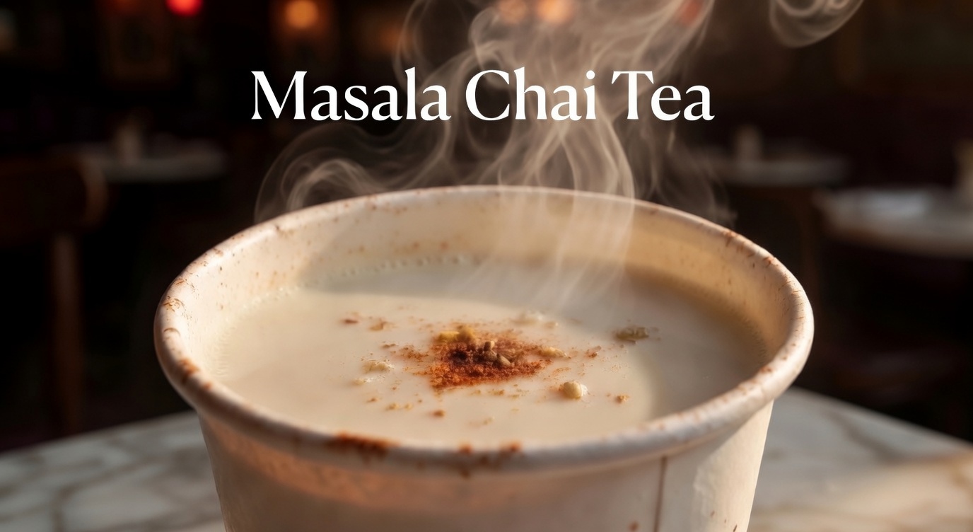 Close-up of lighter hot Masala Chai Tea in white paper cup on rectangular white marble table (no front edge visible), artistic angle with professional 'Masala Chai Tea' title overlay, positioned top center