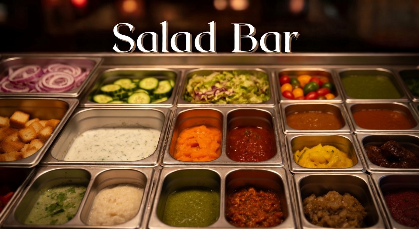 Tighter close-up of salad bar on stainless steel table with square pans (no front edge), showing each item in a distinct non-repeated pan: sliced onions, sliced cucumbers, grape tomatoes, shredded romaine and red cabbage mix, croutons, raita, and multiple different chutney varieties filling the remaining pans, with 'Salad Bar' title overlay using the exact same font, size, color, style, and dark shadow as the 'Masala Chai Tea' overlay from the reference image, positioned at the top center