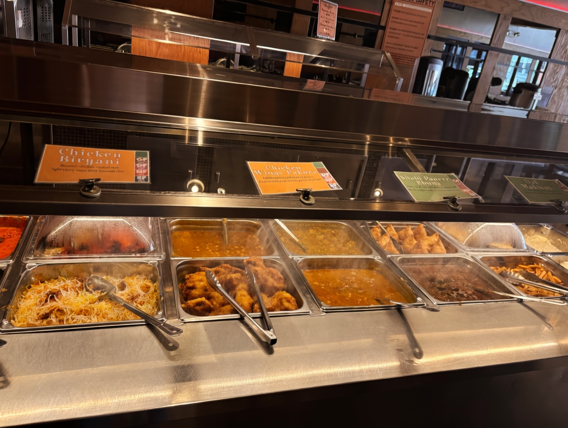 Full view of the stainless steel buffet steam table at New Delhi Indian Restaurant with clearly labeled pans including Chicken Biryani, Chicken Wings Pakora, and other curries and sides