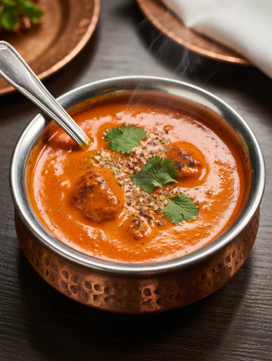Signature Butter Chicken (Murgh Makhani) from New Delhi Indian Restaurant, rich and creamy tomato-based curry with tender chicken pieces, elegantly presented