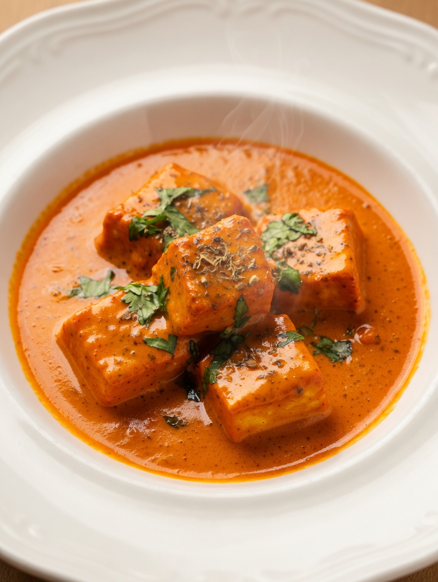 Paneer Makhni — tender paneer cubes in a rich, spiced tomato-cream sauce at New Delhi Indian Restaurant