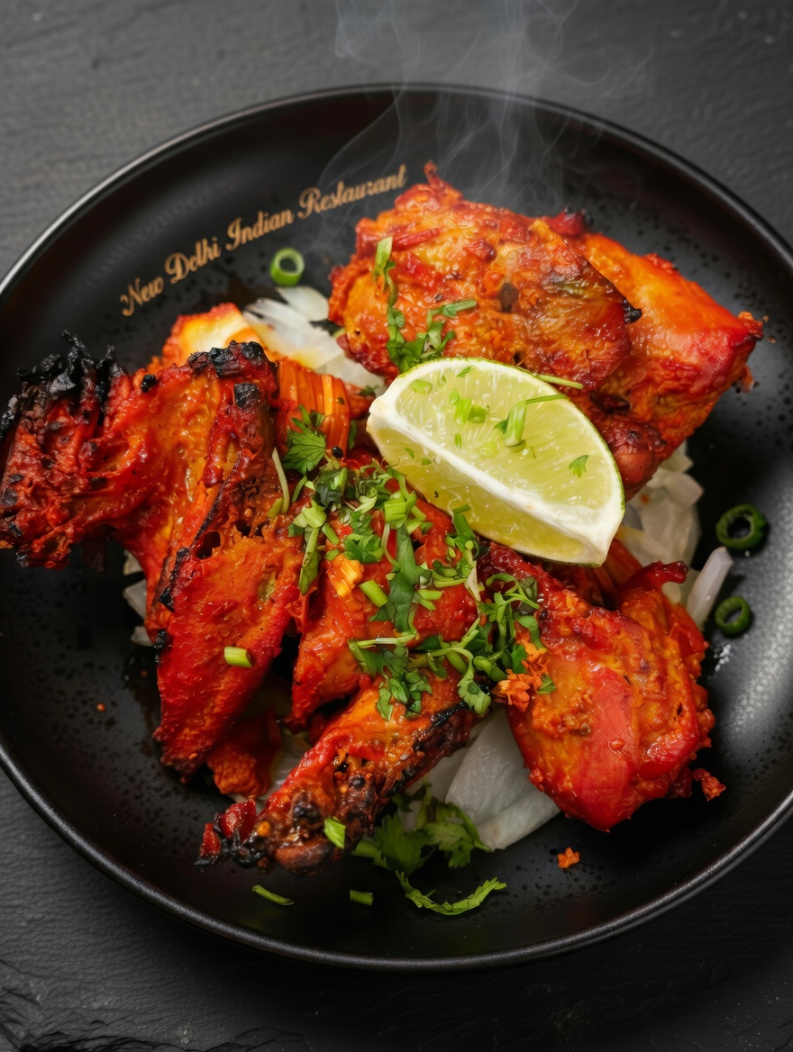 Vibrant red Tandoori Chicken pieces, freshly grilled in the traditional clay oven at New Delhi Indian Restaurant, served with lime wedge and onions